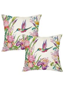 2 件花卉鸟紫粉色抱枕套，春季装饰抱枕套，适合春季派对客厅卧室沙发床装饰礼物，无枕芯 - 綠色 - 查看 1