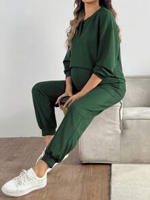 SHEIN 2pcs Maternity Solid Color Long Sleeve Top And Pants Set, Spring/Autumn - Green - View 4
