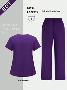 TaskEZ Plus Size Solid Color V-Neck With Pockets Short Sleeve Top And Pants Uniform Scrub Set - Purple - View 2