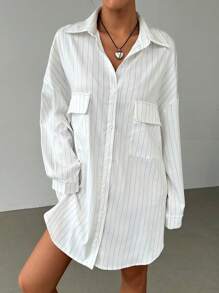 SHEIN EZwear Women's Button Collar Long Sleeve Pockets Striped Short Casual Dress - White - View 5
