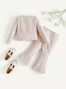 Cozy Pixies 2pcs Baby Girl Solid Color Knitted Soft Round Neck Long Sleeve Pullover Top And Wide Leg Pants Set - Khaki - View 2