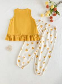 Cozy Pixies 2pcs Girl Sets - Solid Round Neck Ruffle Sleeveless Top And Polka Dot Pants - Brown - View 2