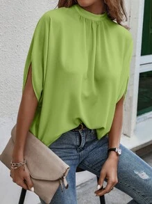 SHEIN Clasi 夏季休闲纯色中袖衬衫 - 青檸色 - 查看 1