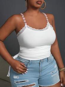 Slaydiva Plus Size Eenvoudig Camisole Topje Met Trekkoord, Bloemenversiering, Wit, Zomer