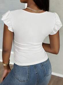 Slaydiva Áo len nữ màu trắng cổ tròn + tay áo khoét chữ V, tay lửng, dáng ôm vừa vặn, xếp ly ở cả hai bên, phong cách mới giản dị và thanh lịch-D - trắng - Xem 2