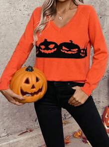 SHEIN LUNE Orange V-Neck Cartoon Pattern Cute Fall Long Sleeve Pullover Sweater