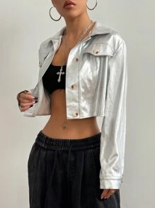 StreetHx Women Metal Silver Cropped Jacket - Silver - View 6