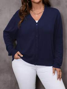 Cardigan de Gola V de Cor Sólida Plus Size para Outono/Inverno - Azul Royal - Visão 7