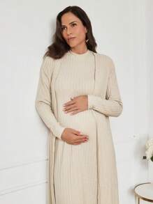 MaterniWear 2 件孕妇休闲套装：长袖飘逸开衫夹克和连衣裙，秋冬 - 杏色 - 查看 6