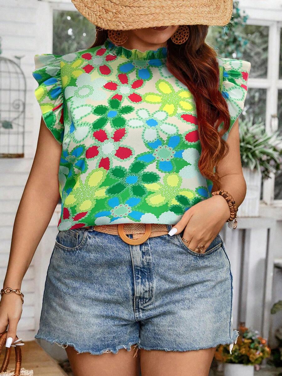 SHEIN Clasi Plus Size Floral Print Ruffle Collar Casual Vacation Shirt - Green - View 1