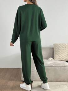 SHEIN 2pcs Maternity Solid Color Long Sleeve Top And Pants Set, Spring/Autumn - Green - View 2