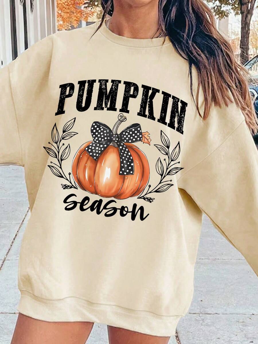 INAWLY Halloween Women's Pumpkin Print Crew Neck Sweatshirt,Long Sleeve Tops Fall Cloth For Women - Apricot - View 1