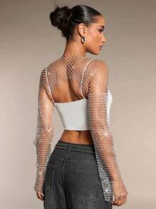 SHEIN BAE Solid Sexy Sheer Mesh Rhinestone Glaring Summer Music Festival Long Tops - Silver - View 2
