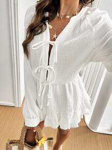 SHEIN Frenchy Women Raglan Sleeve Ruffle Hem Romper,Back To School,Fall Women Outfits,Fall Women Outfits,100% Cotton,Bubble Long Sleeve,Bubble Skirt Front Lace-Up Jumpsuit Winter White Casual Spring - White - View 5