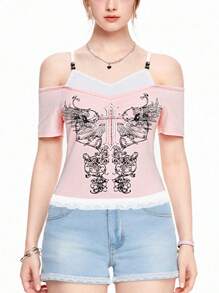 ROMWE Goth Women Off Shoulder Backless Short Sleeve Floral Lace Trim Sweet T-Shirt
