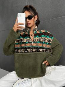 SHEIN EZwear Áo nỉ dài tay kiểu dáng cổ điển có khóa kéo nửa đầu dành cho nữ - xanh quân đội - Xem 5