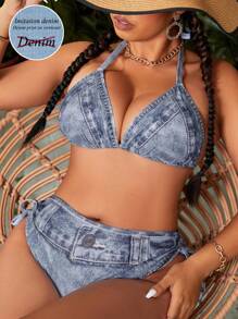 Swim SXY Bộ bikini buộc dây sau lưng họa tiết denim hiệu ứng bãi biển cỡ lớn mùa hè dành cho nữ - Nhiều màu - Xem 1
