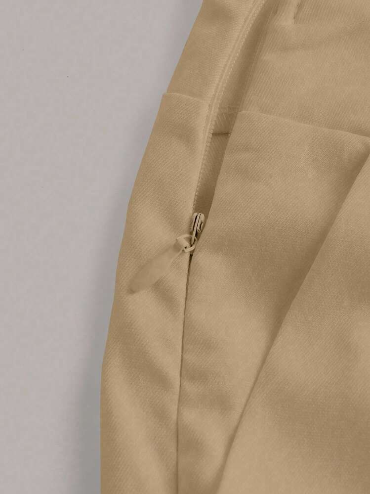 SHEIN LUNE 1pc Women Casual Solid Color Tapered Pants - Khaki - View 3