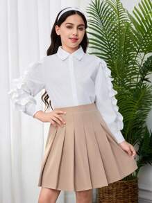 2 piezas Conjunto de blusa de manga larga con volante exagerado y falda plisada para niñas preadolescentes - Caqui - Ver 3
