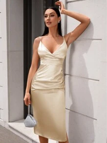 Solid Ruched Split Thigh Cami Dress - Champagne - View 3