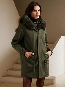 Anewsta Abrigo acolchado con cuello de piel gruesa y capucha, de largo medio y versátil - Verde militar - Ver 5
