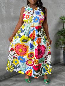 Slaydiva 大码印花无袖宽松 A 字形女式连衣裙，休闲度假 - 彩色 - 查看 5
