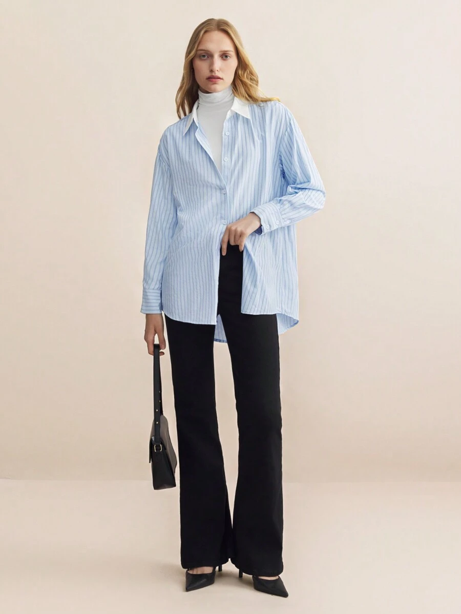 BizChic Women's Turndown Collar Contrast Color Long Sleeve Striped Blouse Baggy Shirts Work Blouse - Blue - View 1