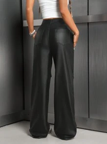 Fashionable Coated Pocket Casual Cargo Straight Pants Fall Cloth For Women - Black - View 5