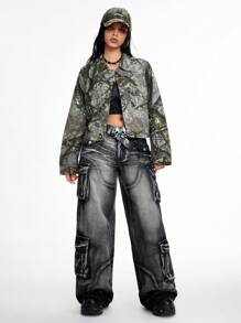ROMWE Grunge Punk Loose Straight-Leg Women's Jeans With Autumn Leaf Print - Black - View 1