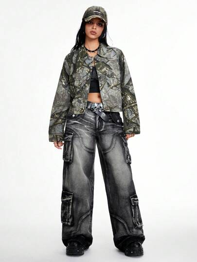 Grunge Punk Pantalones vaqueros de pierna recta holgados de mujer con estampado de hojas de otoño