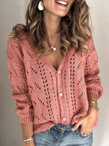 SHEIN VCAY Solid Color Button Down Long Sleeve Hollow Out Top, Casual Everyday Wear,Fall Women Clothes,Fall Women Cardigan
