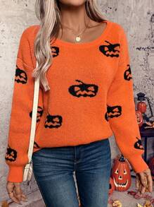 SHEIN LUNE Pull en tricot à motif citrouille pour Halloween, pull pour l'automne et l'hiver - Orange - Voir 1