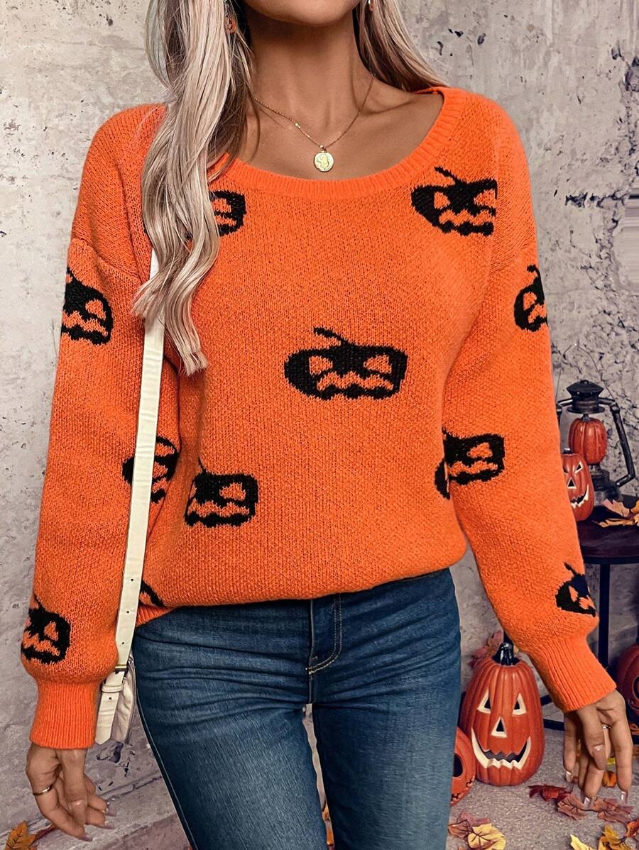 SHEIN LUNE Pull en tricot à motif citrouille pour Halloween, pull pour l'automne et l'hiver - Orange - Voir 1