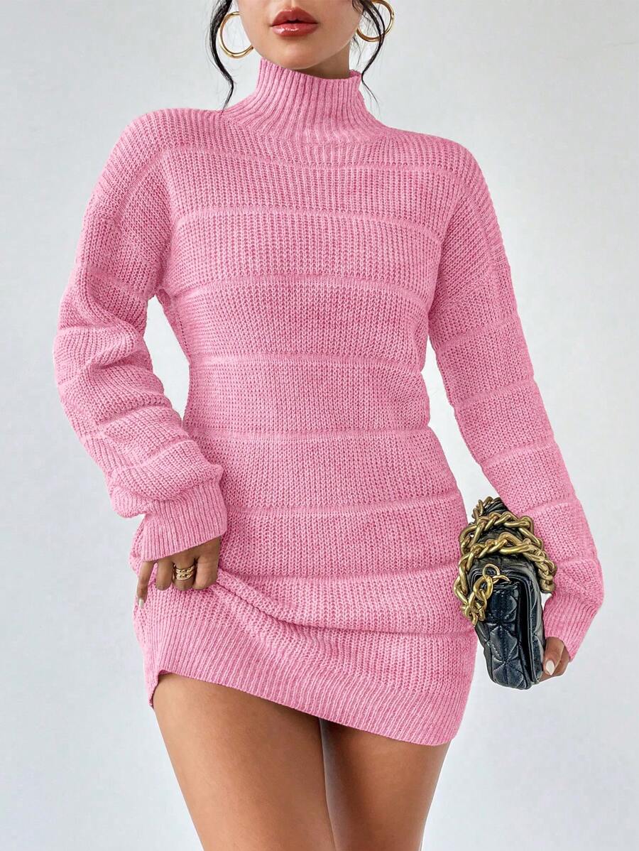 Chiquease Solid Color Turtleneck Textured Long Sleeve Sweater Dress Fall Winter Cloth For Women - Pink - View 1