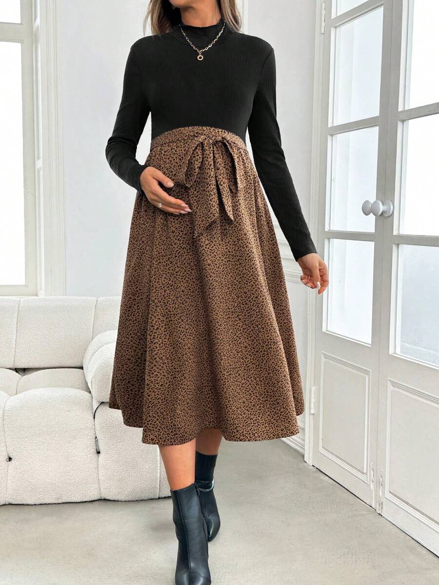 SHEIN Maternity Rib-Knit Long Sleeve Tee & Leopard Tie, Front Skirt Set - Camel - View 1