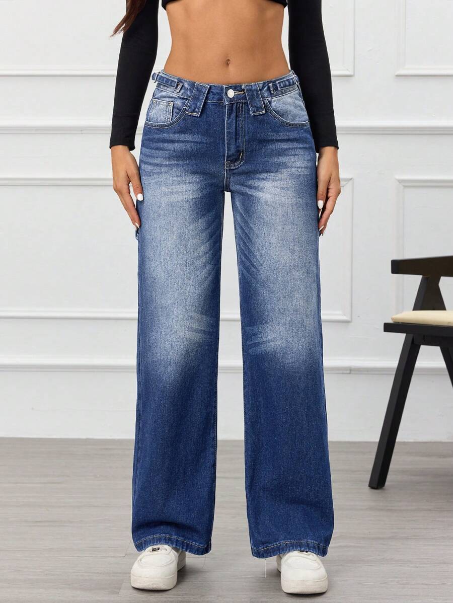 SHEIN Essnce Women Washed Faded Denim Jeans - Dark Wash - View 1