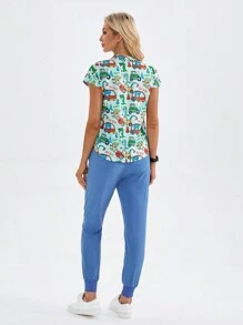 TaskEZ 卡通恐龙印花磨砂上衣，带口袋和裤子，制服套装 - 彩色 - 查看 4