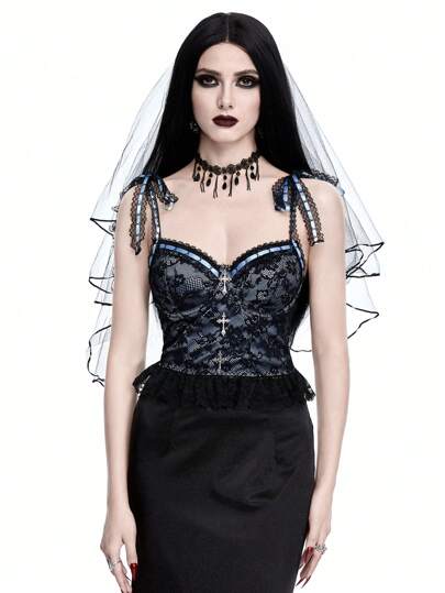 Gothic Cross Decorated Lace Fabric Color-Block Tie Strap Women's Tank Top