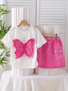2 件套 Tween 女童夏季休闲蝴蝶贴花上衣和裙子套装 - 粉色 - 查看 1