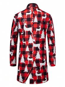 Manfinity Homme Abrigo largo de lana con estampado a cuadros y de ciervos de manga larga informal para hombres, abrigo de lana de largo medio con tema navideño a cuadros rojos y negros para otoño/invierno, ropa de otoño para hombres, abrigo tipo trinchera para hombres