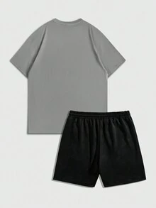 ROMWE MEN Street Life 2 件套男士肖像印花短袖图案 T 恤和短裤套装，休闲春夏装 - 彩色 - 查看 2