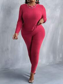 Slaydiva Casual Basic Women's Plus Size Pineapple Grid Texture Knit Slim Fit Sports & Leisure Two-Piece Outfit Set - Burgundy - View 4