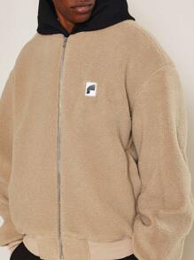 SUMWON Cozy Sherpa Bomber Jacket Fuzzy Teddy Fleece Winter Outerwear Zip Up Casual Urban Streetwear Plush Comfortable Warm Soft Daily Wear - Khaki - View 4