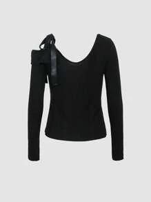 FRIFUL Women's Asymmetrical Neck Tie Shoulder Long Sleeve Elegant Casual Sweet T-Shirt, Ribbed Tee