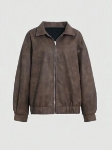 FRIFUL Women's Loose Dropped Shoulder Zip Up Casual Jacket For Spring/Autumn Women Coats - Brown - View 9