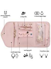 1 pieza Bolsa plegable de almacenamiento de joyas, organizador de estuche de joyas para viaje para aretes, collares, anillos, pulseras, broches, rosa, bolsa de maquillaje, organizador de joyas portátil, accesorio de viaje esencial, negro, rosa en talla M/L