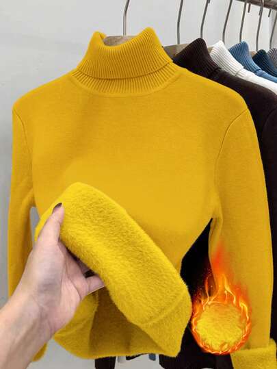 Franclia 女士纯色简约休闲高领长袖黄色毛衣、长袖上衣