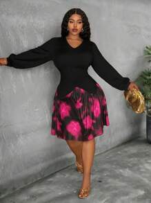 Slaydiva Robe élégante et romantique pour femmes de grande taille, col en V, manches bouffantes, imprimé floral patchwork, contraste de couleurs, taille cintrée, coupe évasée - Multicolore - Voir 1