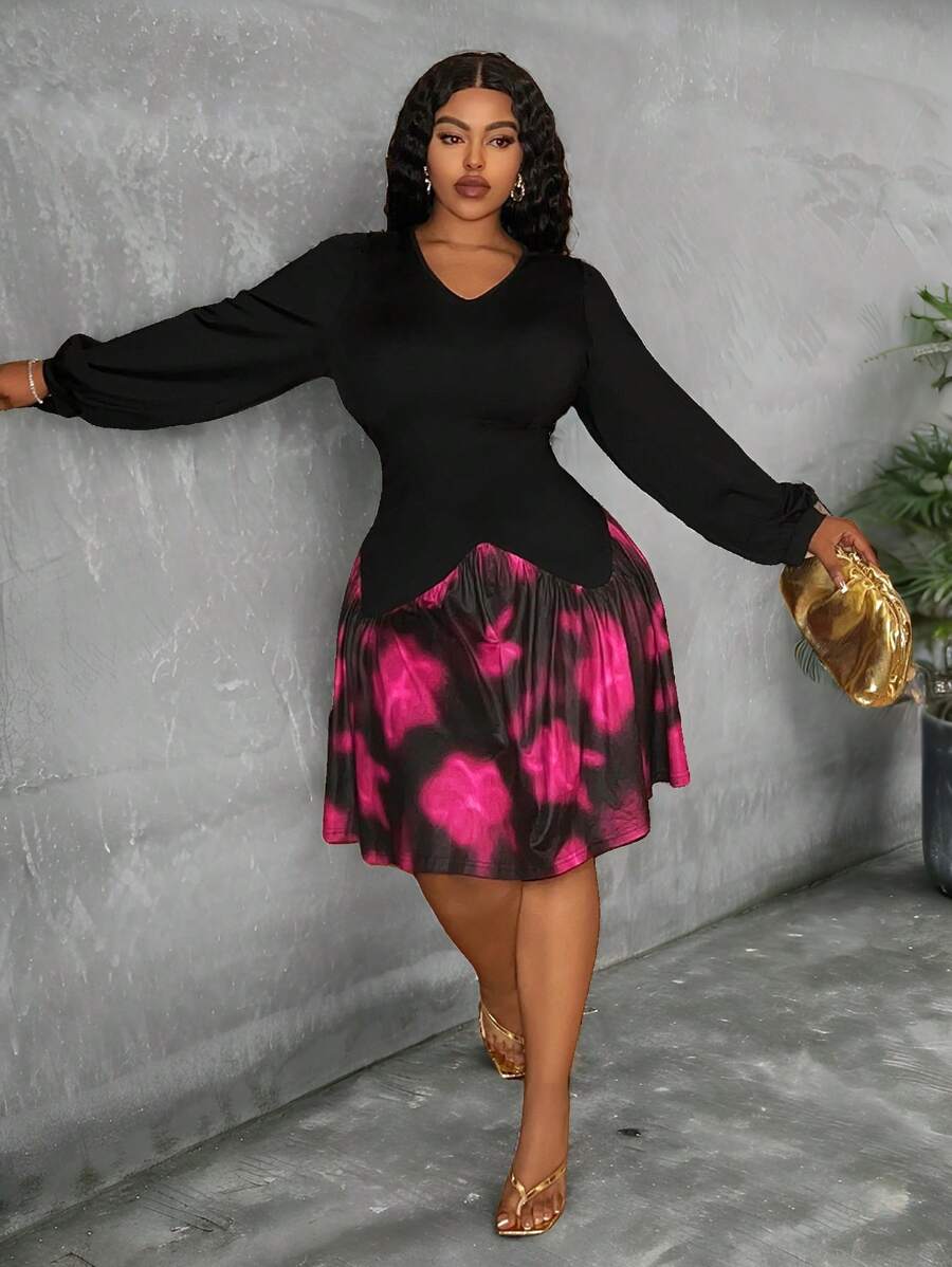 Slaydiva Robe élégante et romantique pour femmes de grande taille, col en V, manches bouffantes, imprimé floral patchwork, contraste de couleurs, taille cintrée, coupe évasée - Multicolore - Voir 1