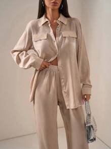 RueChic Cotton Pleated Shiny Special Textured Fabric Pocket Detailed Long Sleeve Shirt & Relaxed Fit Pant Stylish Two Piece Outfit